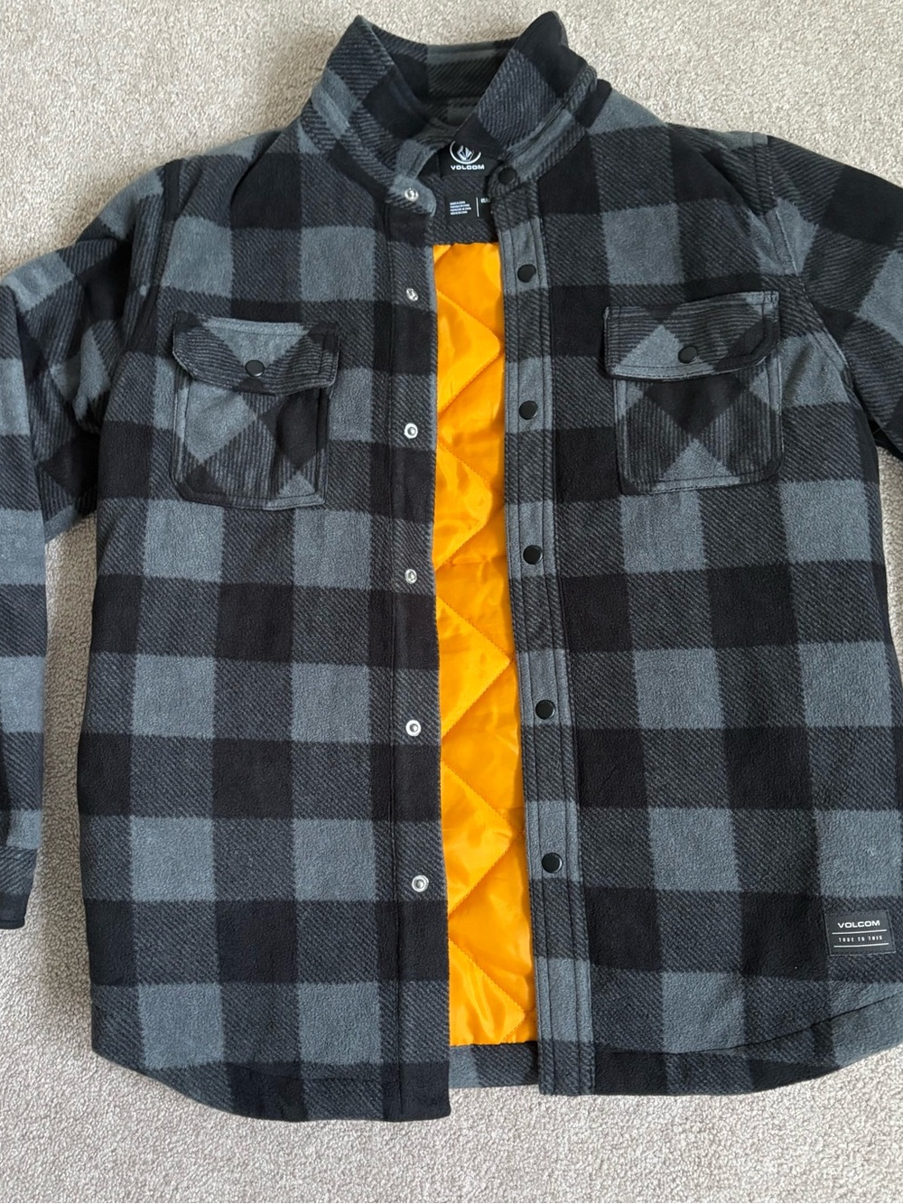 Volcom Black & Gray Plaid Puffer-Lined Kids Jacket with Yellow Interior